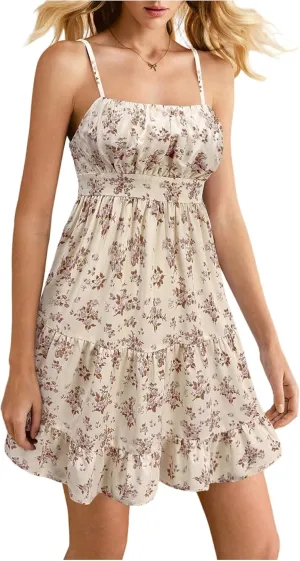 Verdusa Women's Floral Print Ruched Sleeveless Ruffle Hem A Line Swing Cami Dress
