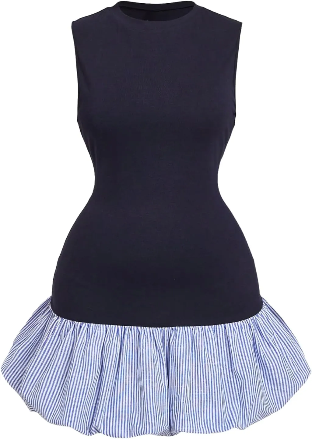 Verdusa Women's Plus Size Striped Drop Waist Mini Bubble Dress Y2k Flared Ruffle Tank Dresses