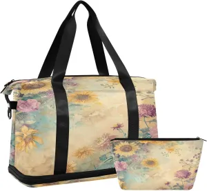Vingtage Sunflower Sports Gym Bag with Waterproof Dry Wet Pocket, Travel Duffel Bag for Women MenWorkout Bag Fits Yoga, Swimming
