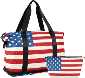 Vintage Flag Sports Gym Bag with Waterproof Dry Wet Pocket, Travel Duffel Bag for Women MenWorkout Bag Fits Yoga, Swimming