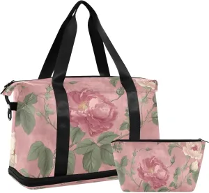 Vintage Pink Flowers1 Sports Gym Bag with Waterproof Dry Wet Pocket, Travel Duffel Bag for Women MenWorkout Bag Fits Yoga, Swimming