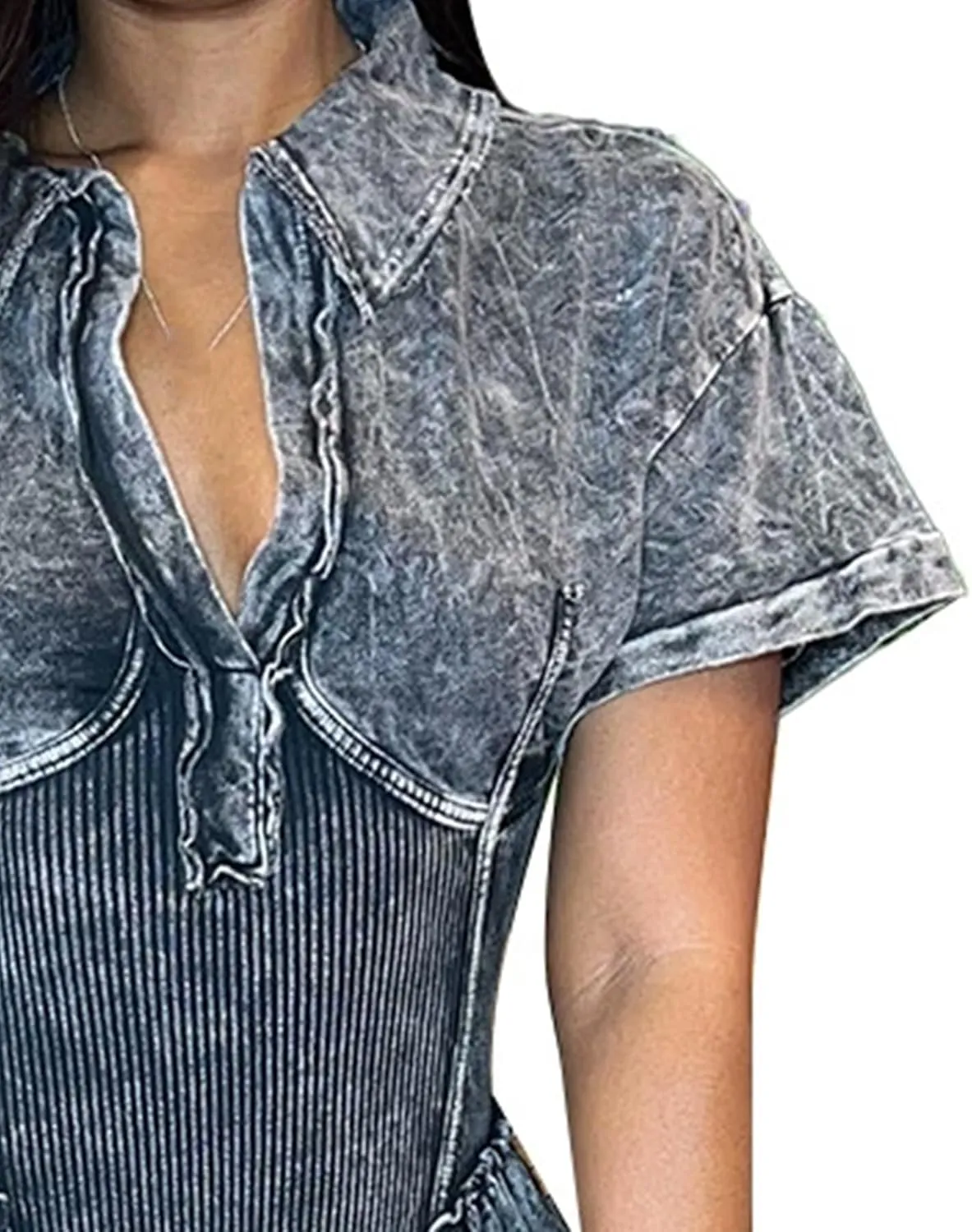 Voghtic Women's Sexy v Neck Jumpsuit Distressed Ribbed Short Sleeve Stretch One Piece Outfits Clubwear Party Romper