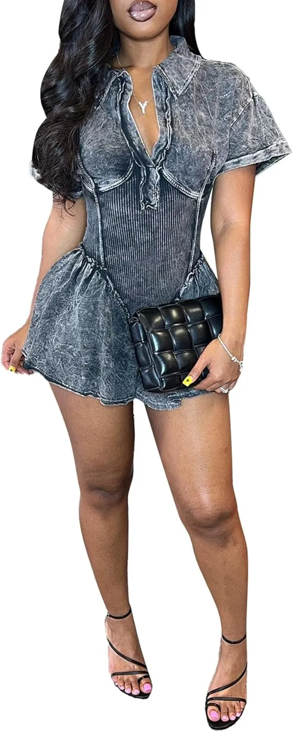 Voghtic Women's Sexy v Neck Jumpsuit Distressed Ribbed Short Sleeve Stretch One Piece Outfits Clubwear Party Romper