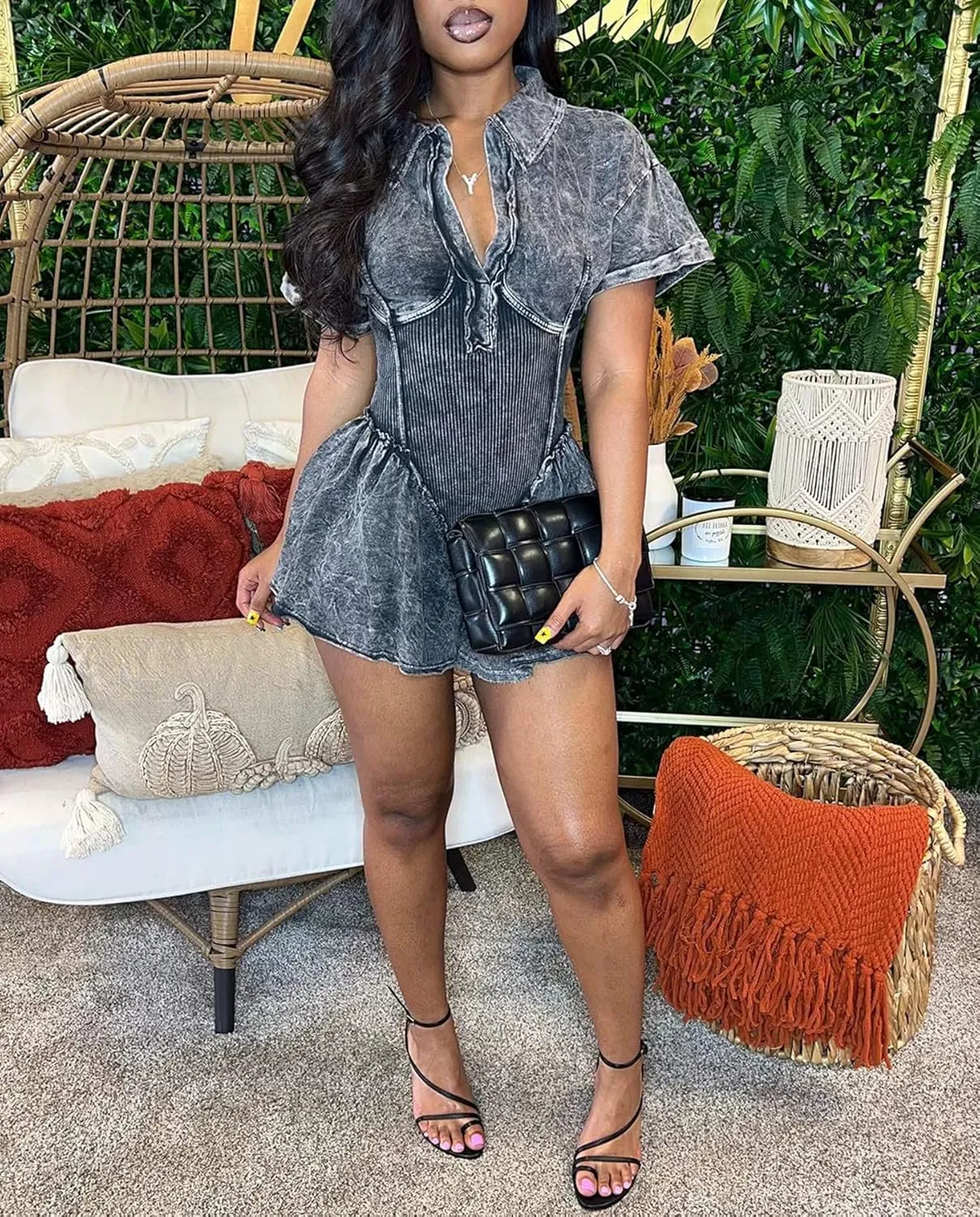 Voghtic Women's Sexy v Neck Jumpsuit Distressed Ribbed Short Sleeve Stretch One Piece Outfits Clubwear Party Romper