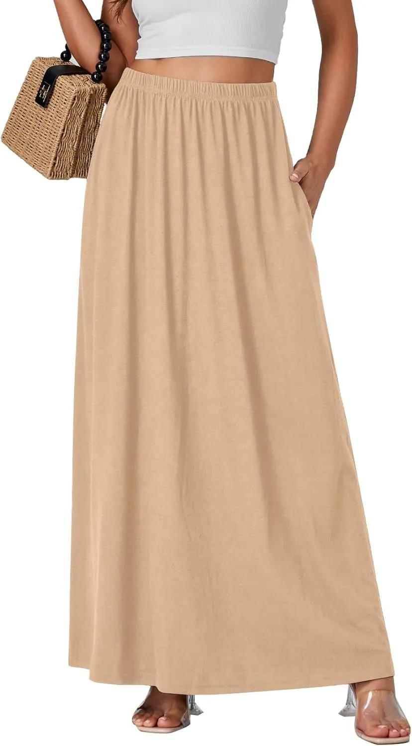 Vrtige Women's Casual Elastic High Waist Flowy Hem A Line Maxi Skirt with Pockets