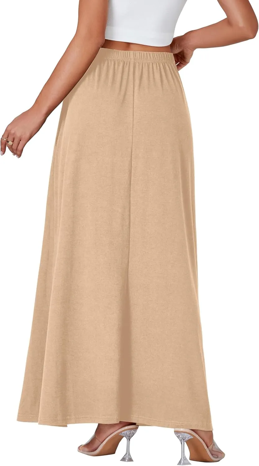 Vrtige Women's Casual Elastic High Waist Flowy Hem A Line Maxi Skirt with Pockets