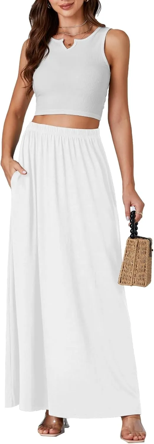 Vrtige Women's Casual Elastic High Waist Flowy Hem A Line Maxi Skirt with Pockets