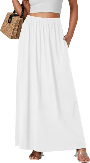 Vrtige Women's Casual Elastic High Waist Flowy Hem A Line Maxi Skirt with Pockets