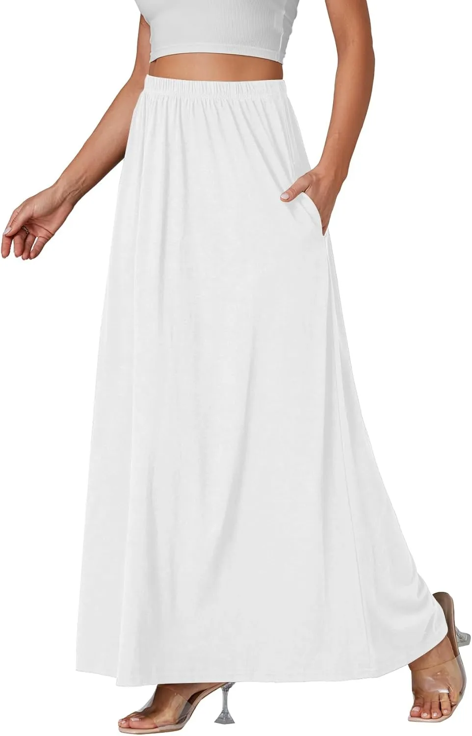 Vrtige Women's Casual Elastic High Waist Flowy Hem A Line Maxi Skirt with Pockets