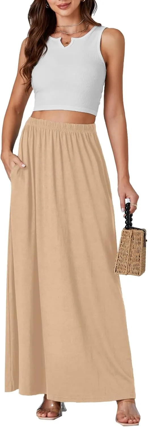 Vrtige Women's Casual Elastic High Waist Flowy Hem A Line Maxi Skirt with Pockets