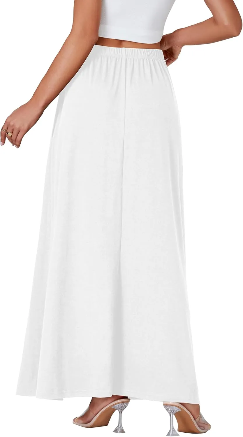 Vrtige Women's Casual Elastic High Waist Flowy Hem A Line Maxi Skirt with Pockets