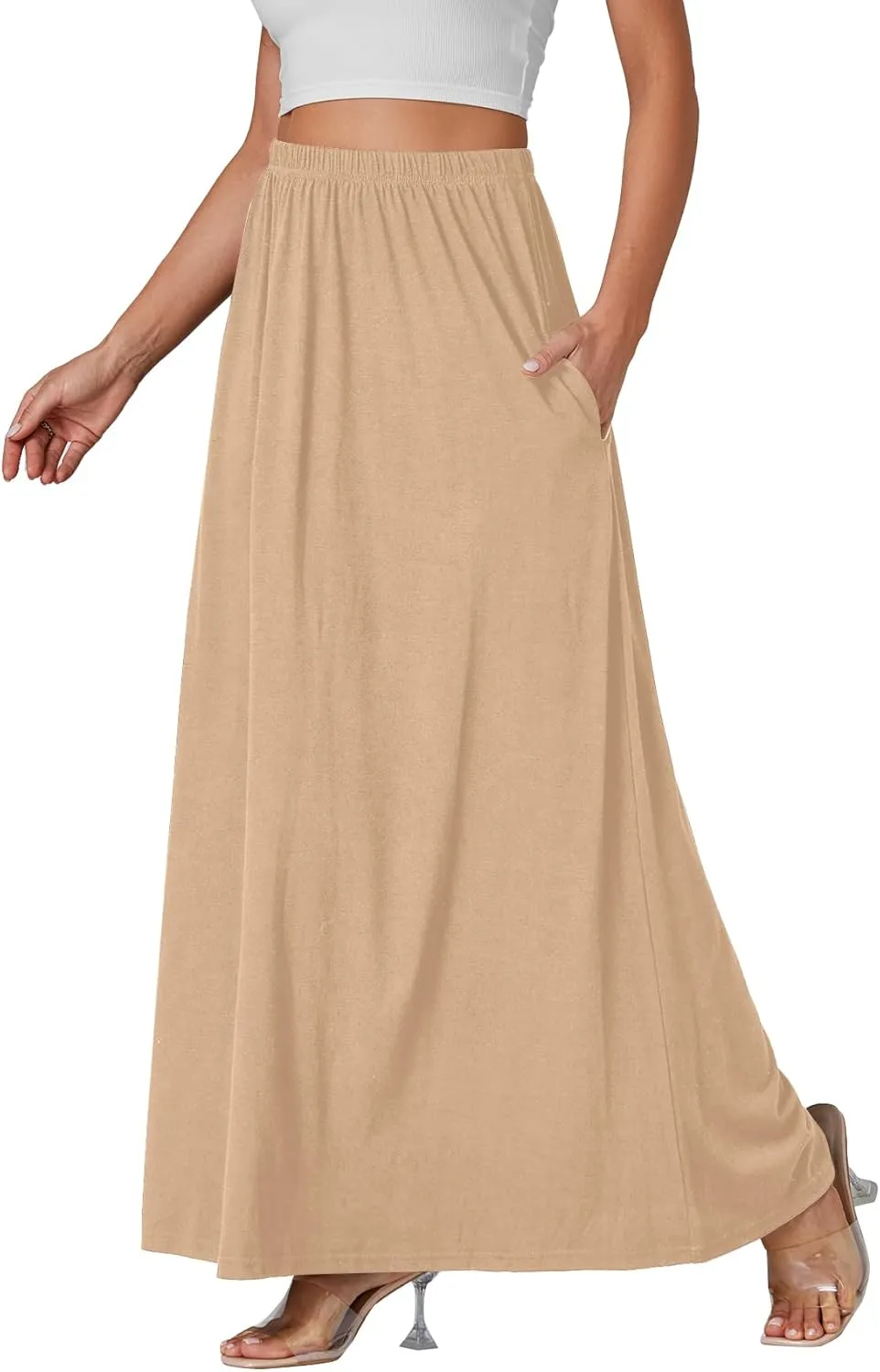 Vrtige Women's Casual Elastic High Waist Flowy Hem A Line Maxi Skirt with Pockets