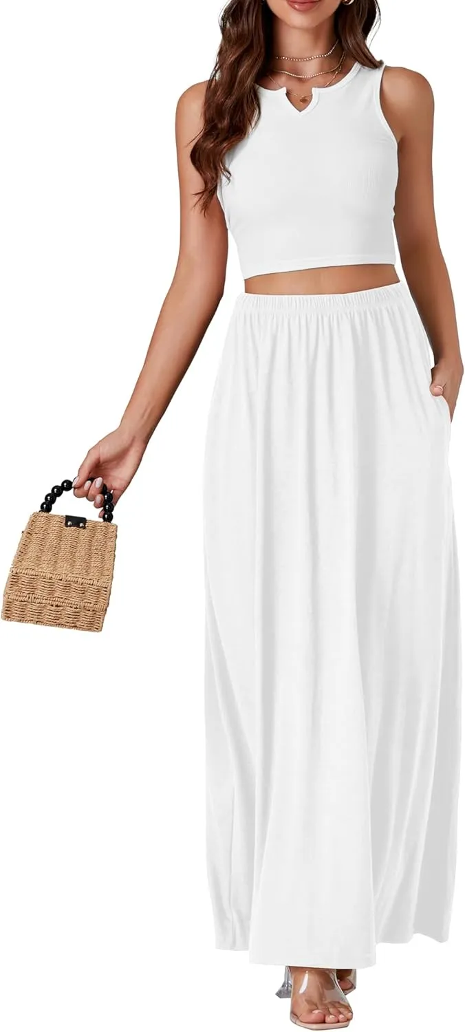 Vrtige Women's Casual Elastic High Waist Flowy Hem A Line Maxi Skirt with Pockets