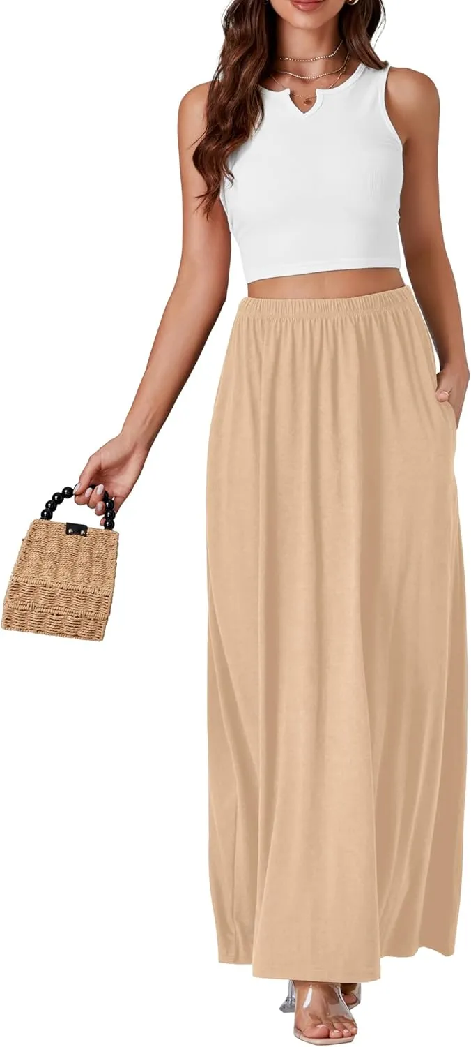 Vrtige Women's Casual Elastic High Waist Flowy Hem A Line Maxi Skirt with Pockets