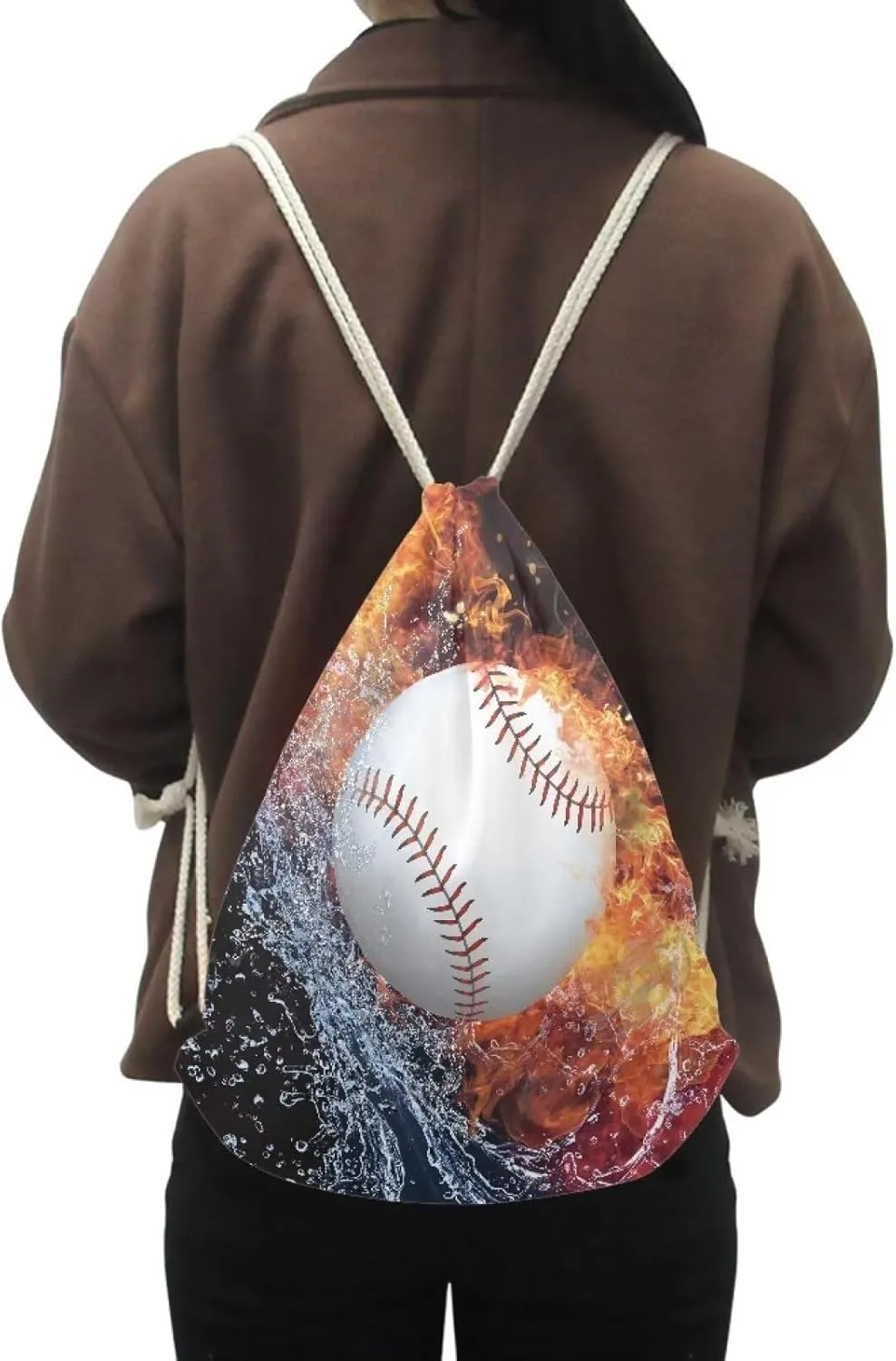 Water Fire Baseball Bag for Men Drawstring Backpack Foldable String Bag Sackpack Sports Gym Bags for Hiking Shopping Swimming
