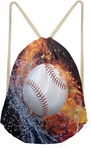 Water Fire Baseball Bag for Men Drawstring Backpack Foldable String Bag Sackpack Sports Gym Bags for Hiking Shopping Swimming