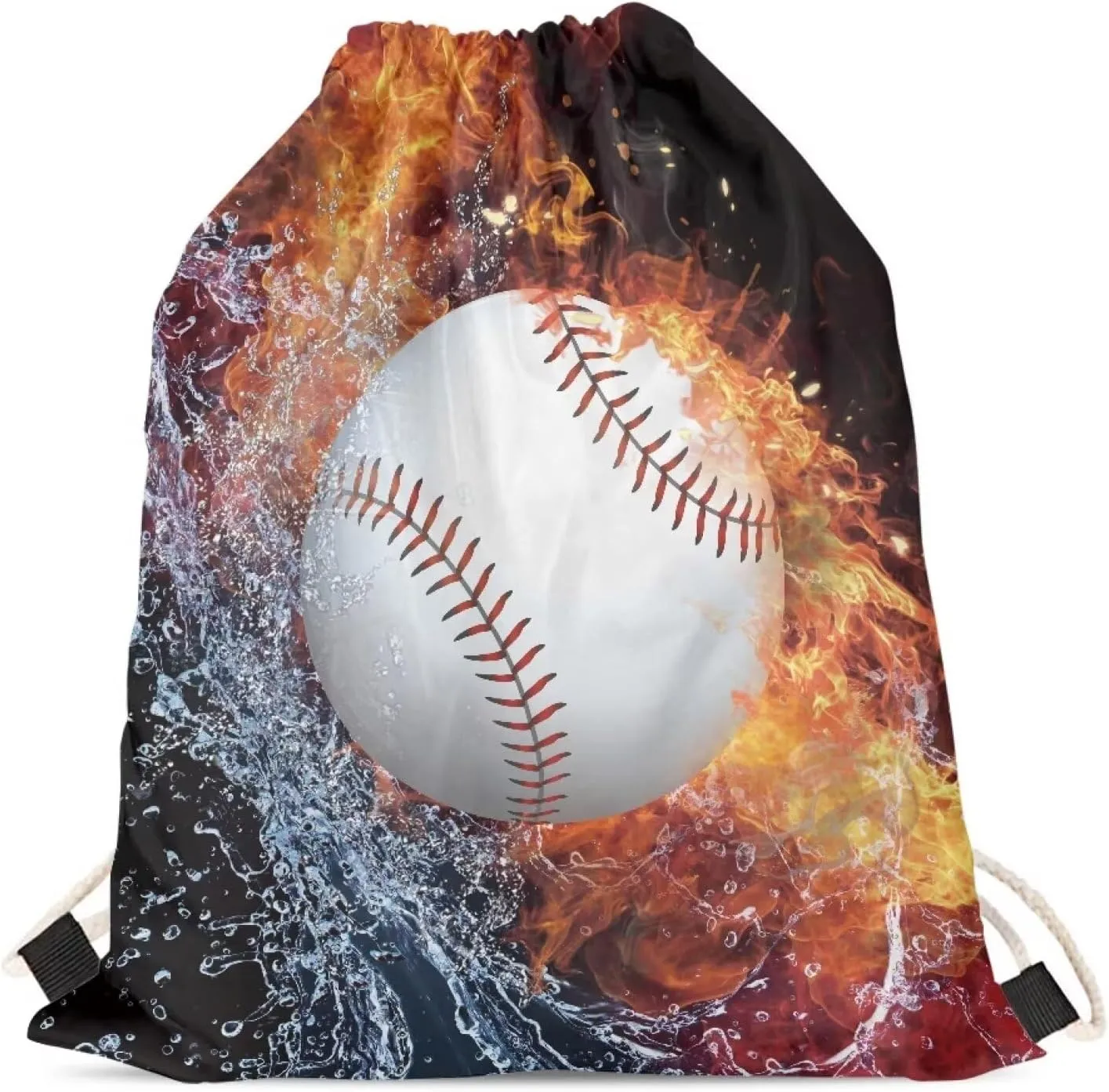 Water Fire Baseball Bag for Men Drawstring Backpack Foldable String Bag Sackpack Sports Gym Bags for Hiking Shopping Swimming