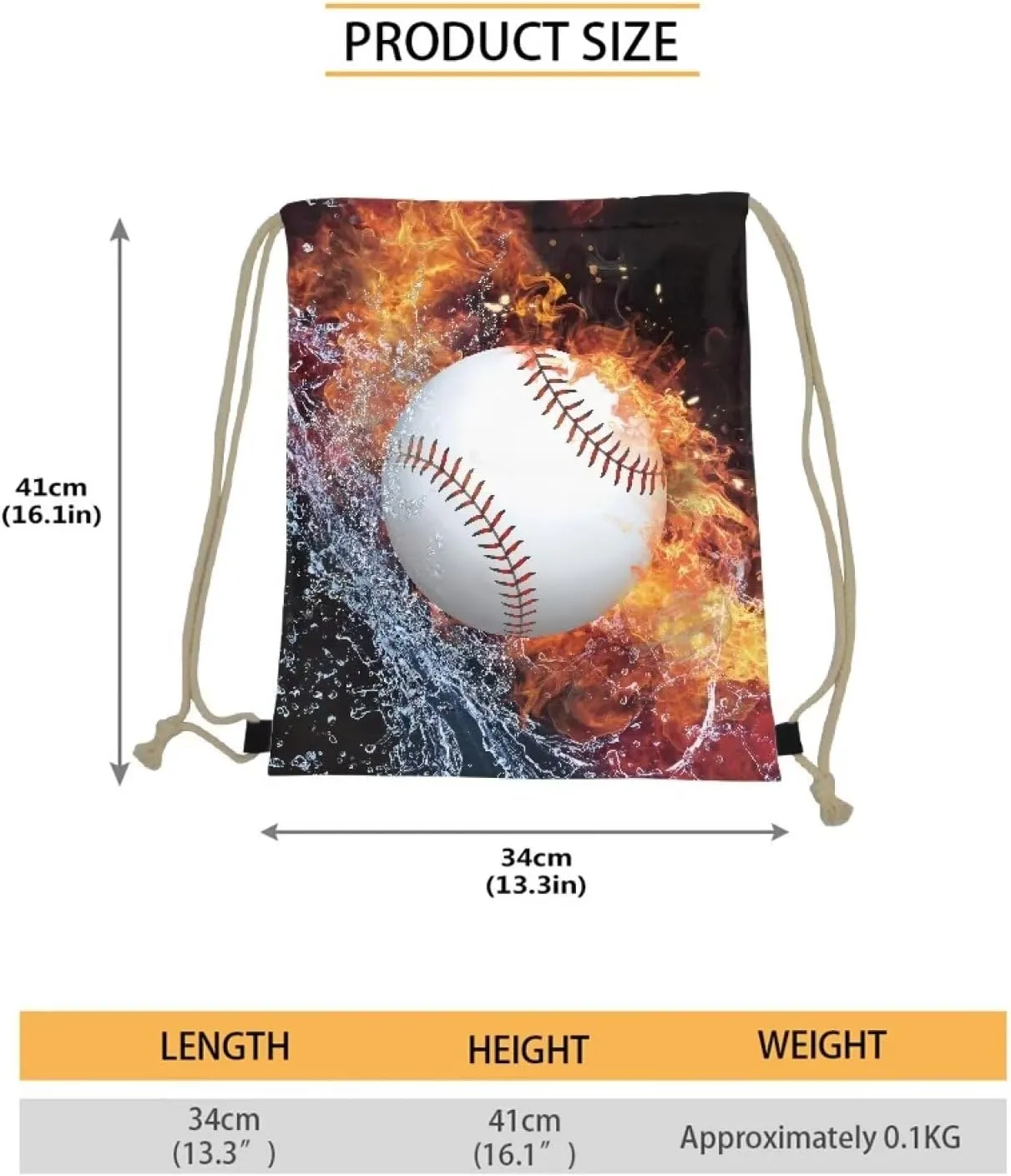 Water Fire Baseball Bag for Men Drawstring Backpack Foldable String Bag Sackpack Sports Gym Bags for Hiking Shopping Swimming
