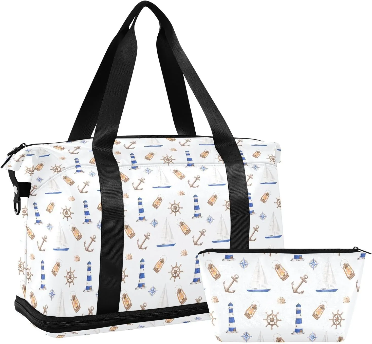 Watercolor Nautical Pattern Sports Gym Bag with Waterproof Dry Wet Pocket, Travel Duffel Bag for Women MenWorkout Bag Fits Yoga, Swimming