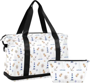 Watercolor Nautical Pattern Sports Gym Bag with Waterproof Dry Wet Pocket, Travel Duffel Bag for Women MenWorkout Bag Fits Yoga, Swimming