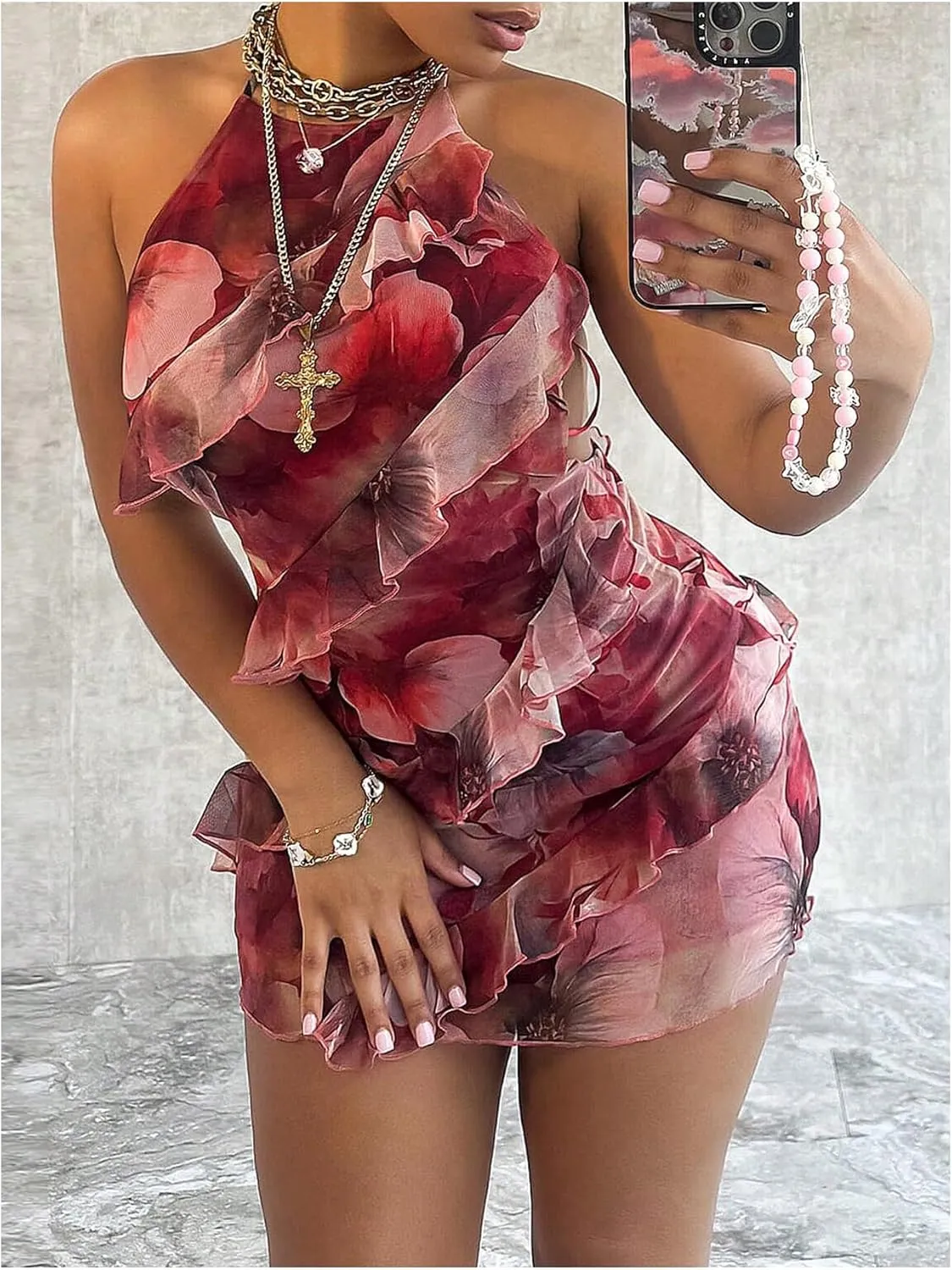 WDIRARA Women's Floral Ruffle Bodycon Mini Dress Sleeveless Tie Backless Halter Dresses