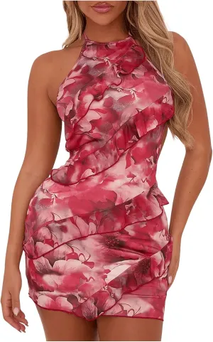 WDIRARA Women's Floral Ruffle Bodycon Mini Dress Sleeveless Tie Backless Halter Dresses
