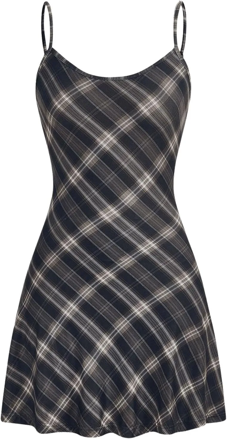 WDIRARA Women's Plaid Spaghetti Strap Cami Dress Sleeveless Flared Hem Mini Dress