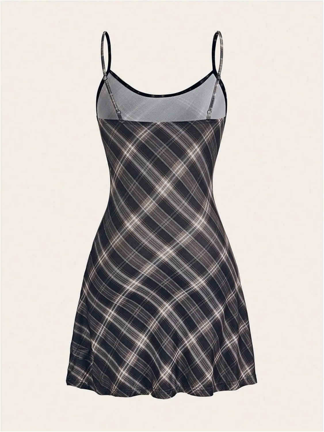 WDIRARA Women's Plaid Spaghetti Strap Cami Dress Sleeveless Flared Hem Mini Dress