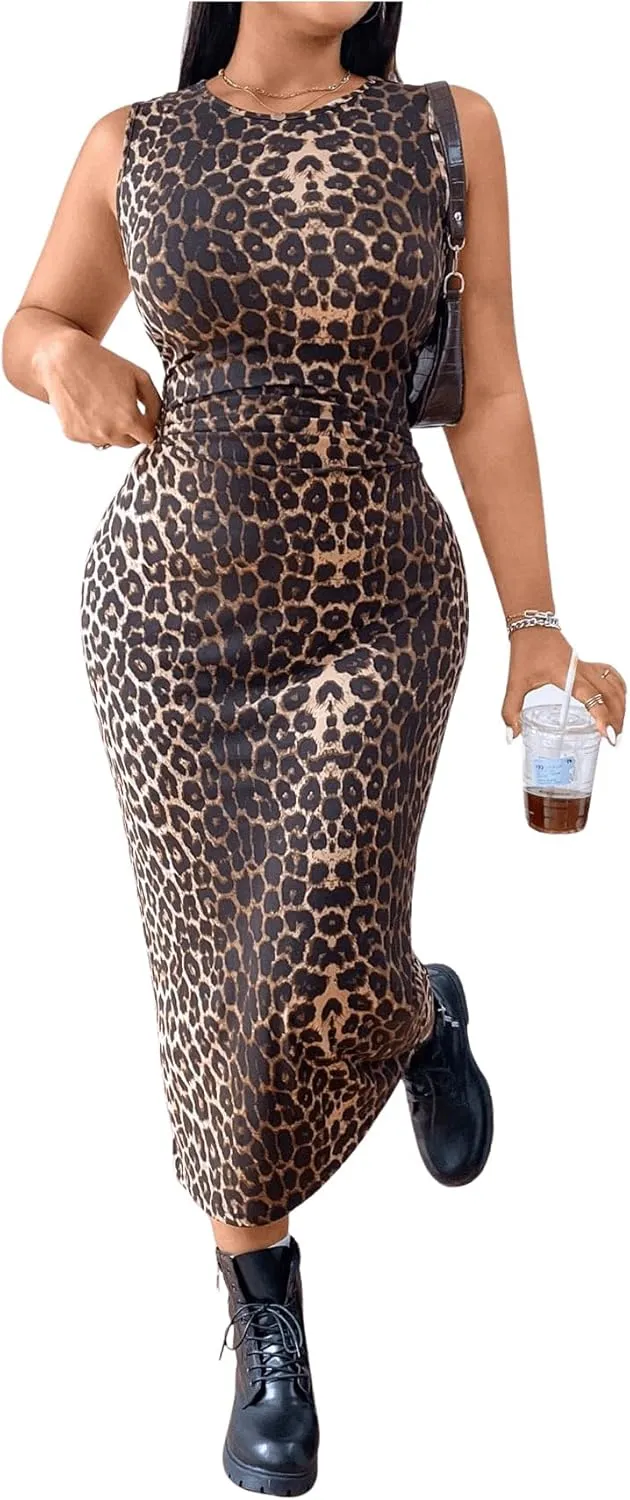 WDIRARA Women's Plus Size Leopard Print Bodycon Midi Dress Sleeveless Long Dresses