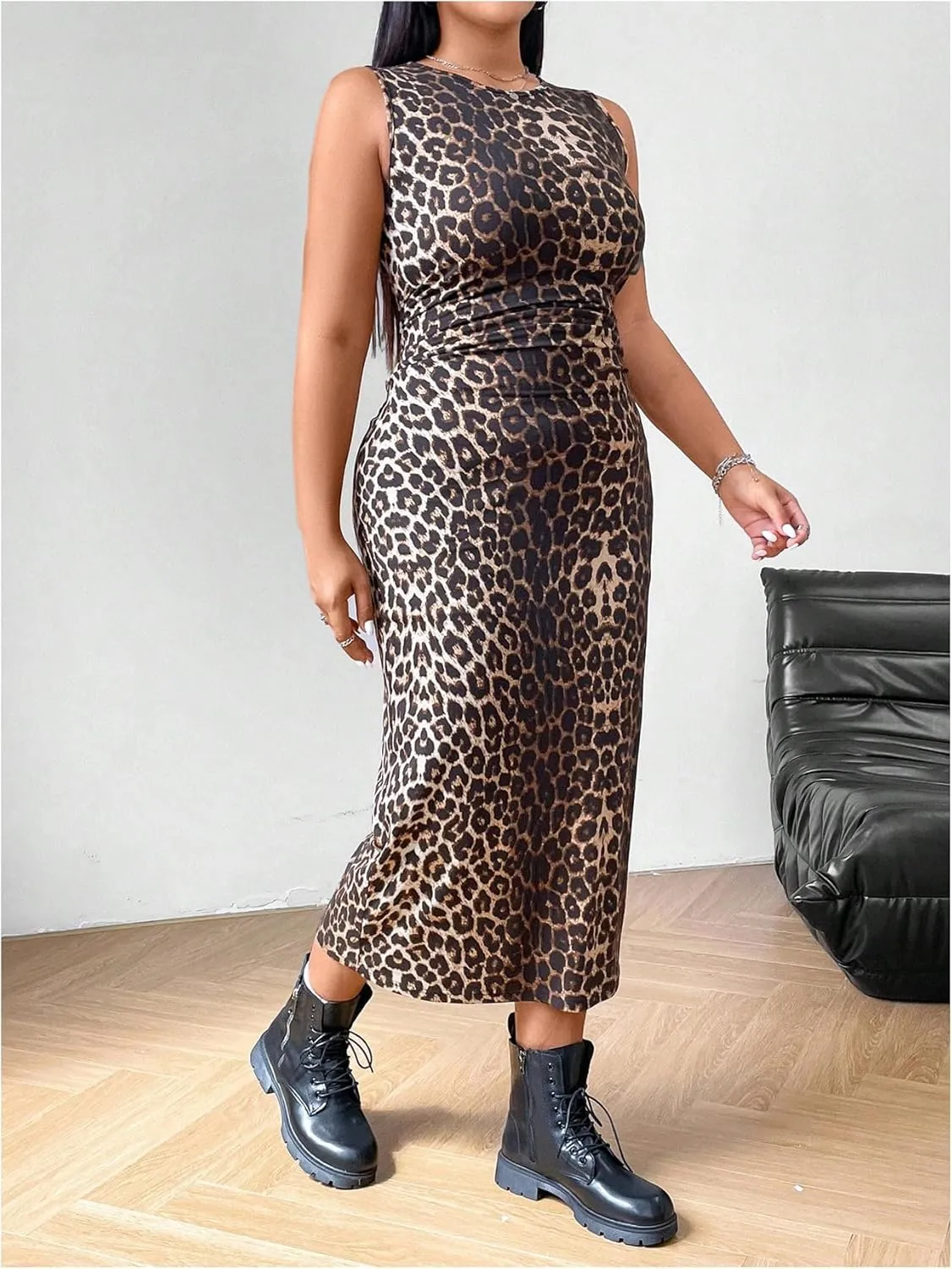 WDIRARA Women's Plus Size Leopard Print Bodycon Midi Dress Sleeveless Long Dresses