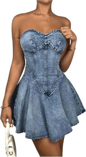 WDIRARA Women's Sexy Strapless Ruffle Hem Denim Corset Dress Flared Party Dress