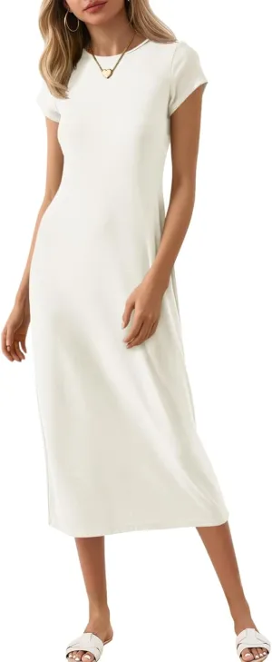 Wenrine Women's Short Sleeve T-Shirt Dress Summer Crew Neck Basic Solid Casual Long Midi Dresses