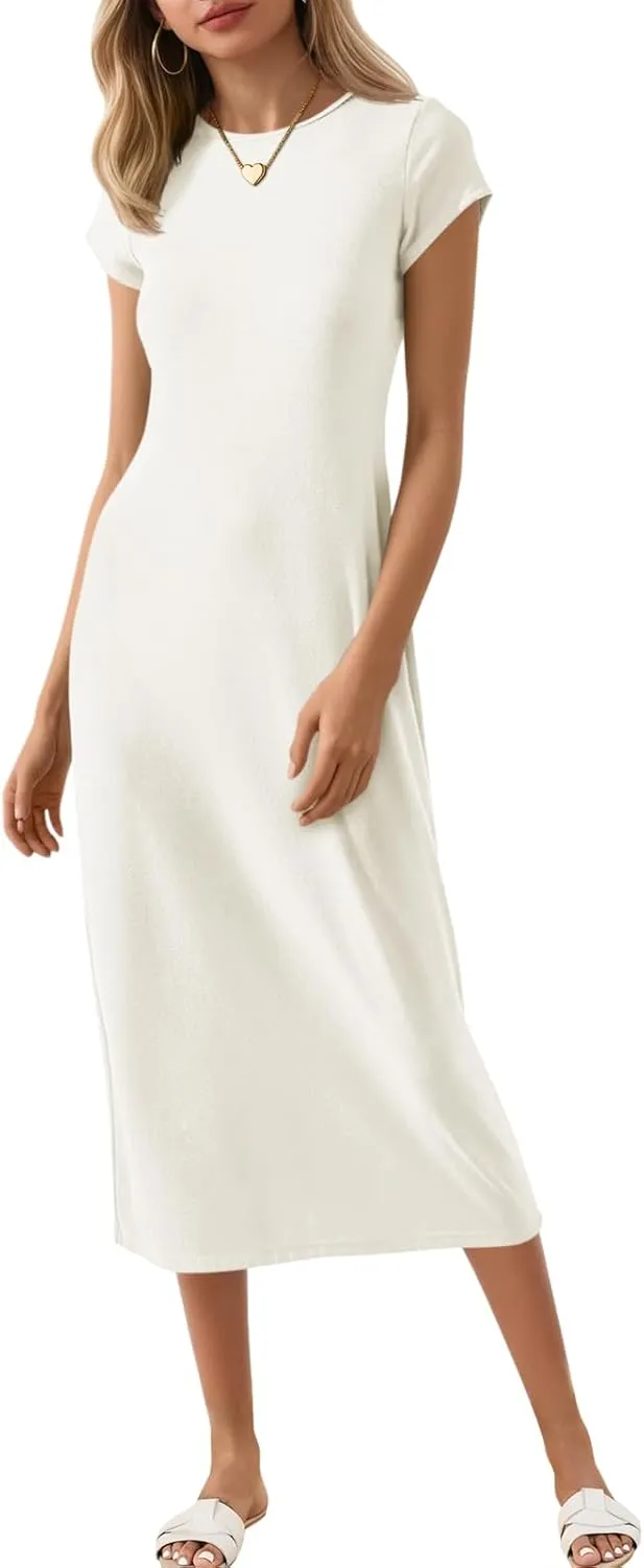 Wenrine Women's Short Sleeve T-Shirt Dress Summer Crew Neck Basic Solid Casual Long Midi Dresses