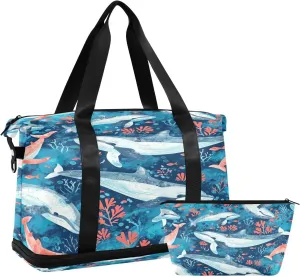 Whales and Ocean Animals Sports Gym Bag with Waterproof Dry Wet Pocket, Travel Duffel Bag for Women MenWorkout Bag Fits Yoga, Swimming
