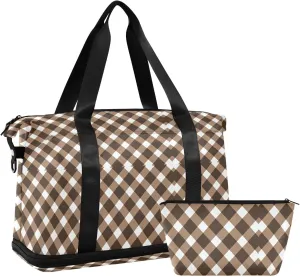 White Brown Plaid Sports Gym Bag with Waterproof Dry Wet Pocket, Travel Duffel Bag for Women MenWorkout Bag Fits Yoga, Swimming