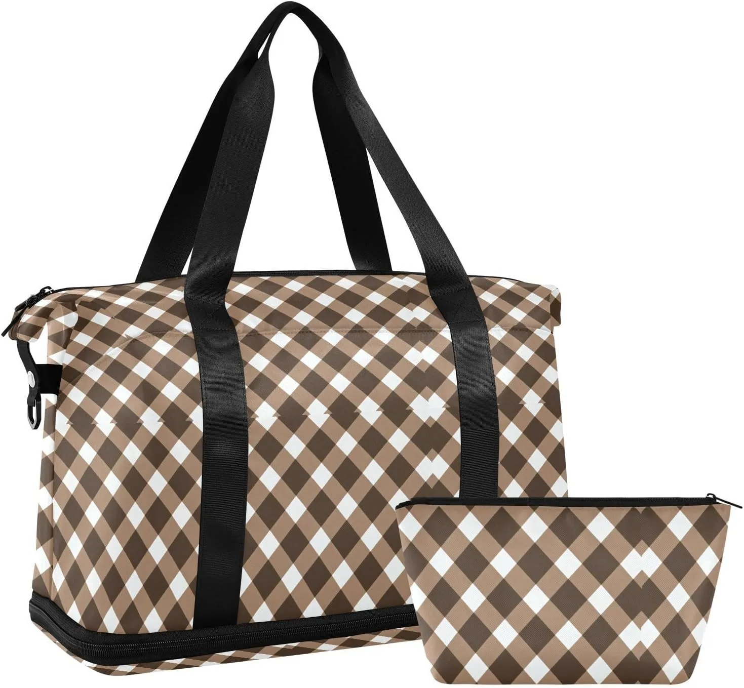 White Brown Plaid Sports Gym Bag with Waterproof Dry Wet Pocket, Travel Duffel Bag for Women MenWorkout Bag Fits Yoga, Swimming