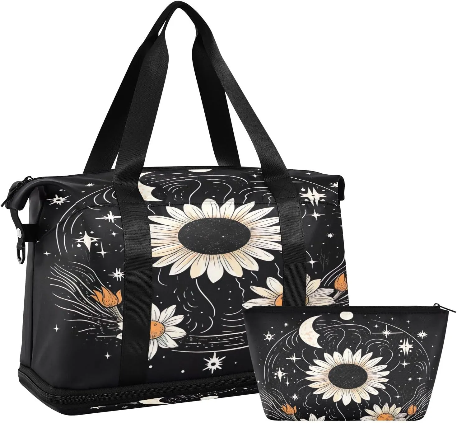 White Sun Flower Sports Gym Bag with Waterproof Dry Wet Pocket, Travel Duffel Bag for Women MenWorkout Bag Fits Yoga, Swimming