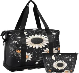White Sun Flower Sports Gym Bag with Waterproof Dry Wet Pocket, Travel Duffel Bag for Women MenWorkout Bag Fits Yoga, Swimming
