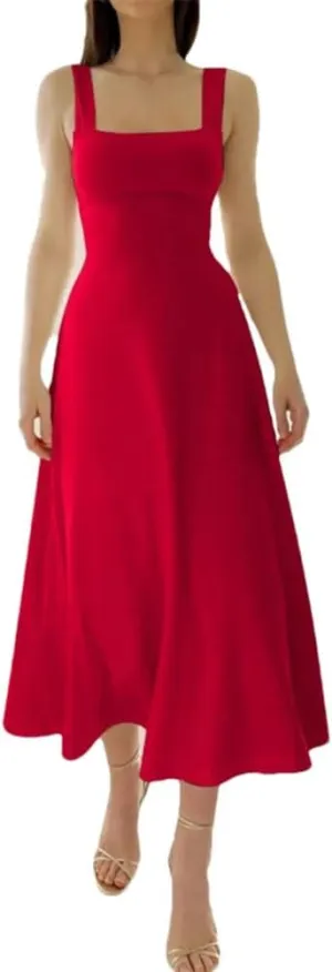 Women Camisole Dress Color Wide Strap Elastic Waist Slim Fit Bodysuit Dresses Casual Party Fit Skirt