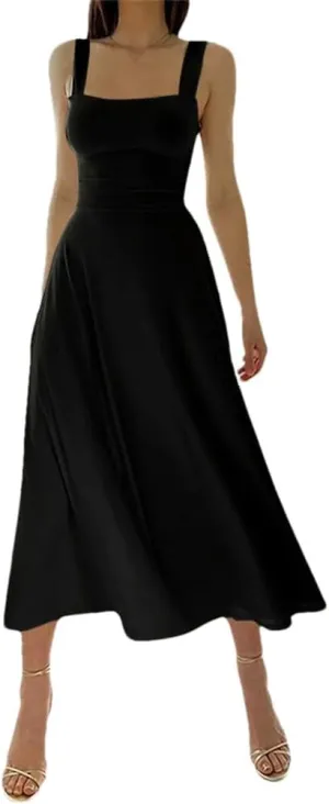 Women Camisole Dress Color Wide Strap Elastic Waist Slim Fit Bodysuit Dresses Casual Party Fit Skirt