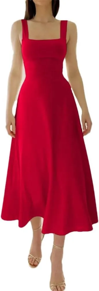 Women Camisole Dress Color Wide Strap Elastic Waist Slim Fit Bodysuit Dresses Casual Party Fit Skirt