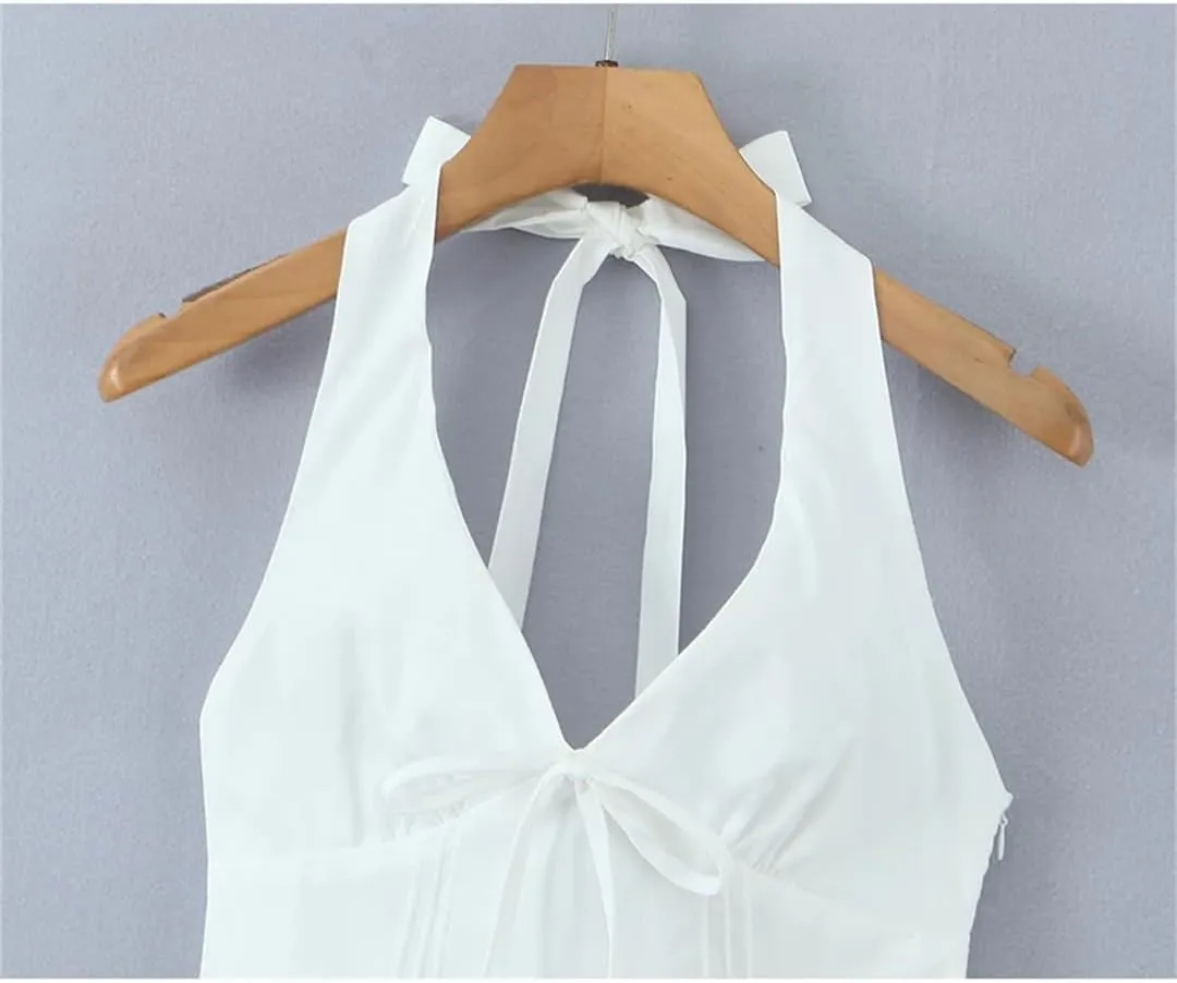 Women Deep V Halters Party Mini Dress Solid Backless Sleeveless Lace Up A-Line Dresses Summer