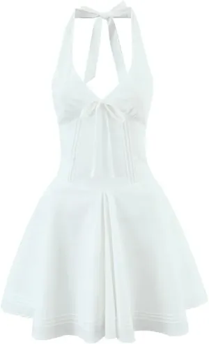 Women Deep V Halters Party Mini Dress Solid Backless Sleeveless Lace Up A-Line Dresses Summer