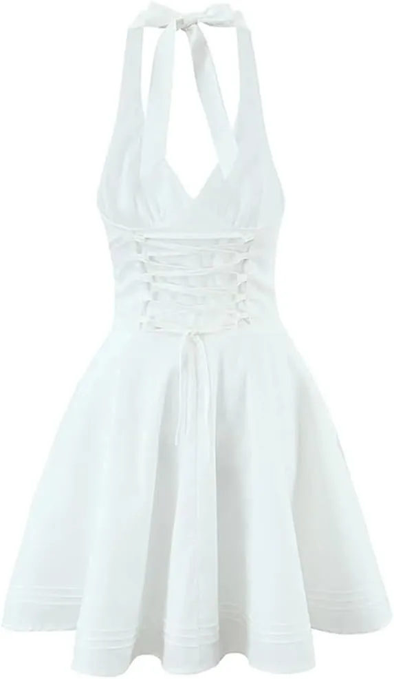 Women Deep V Halters Party Mini Dress Solid Backless Sleeveless Lace Up A-Line Dresses Summer