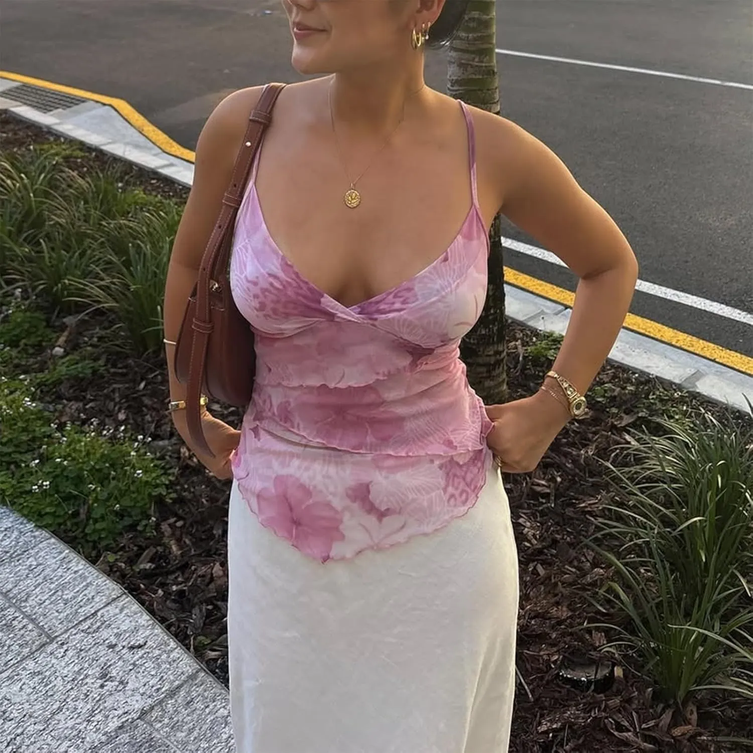 Women Floral Print Camisole Spaghetti Strap Ruffle Layered Crop Tank Top Irregular Hem Slim Fit Cami Tops