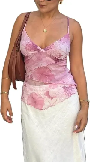 Women Floral Print Camisole Spaghetti Strap Ruffle Layered Crop Tank Top Irregular Hem Slim Fit Cami Tops