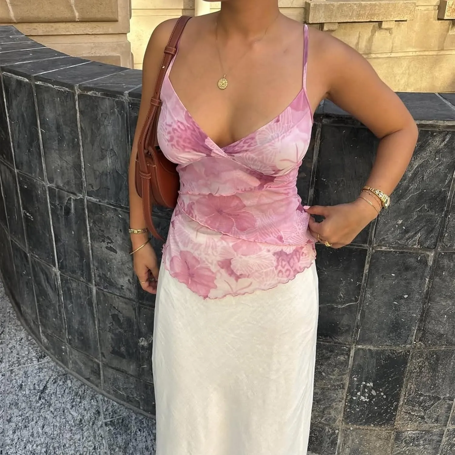 Women Floral Print Camisole Spaghetti Strap Ruffle Layered Crop Tank Top Irregular Hem Slim Fit Cami Tops