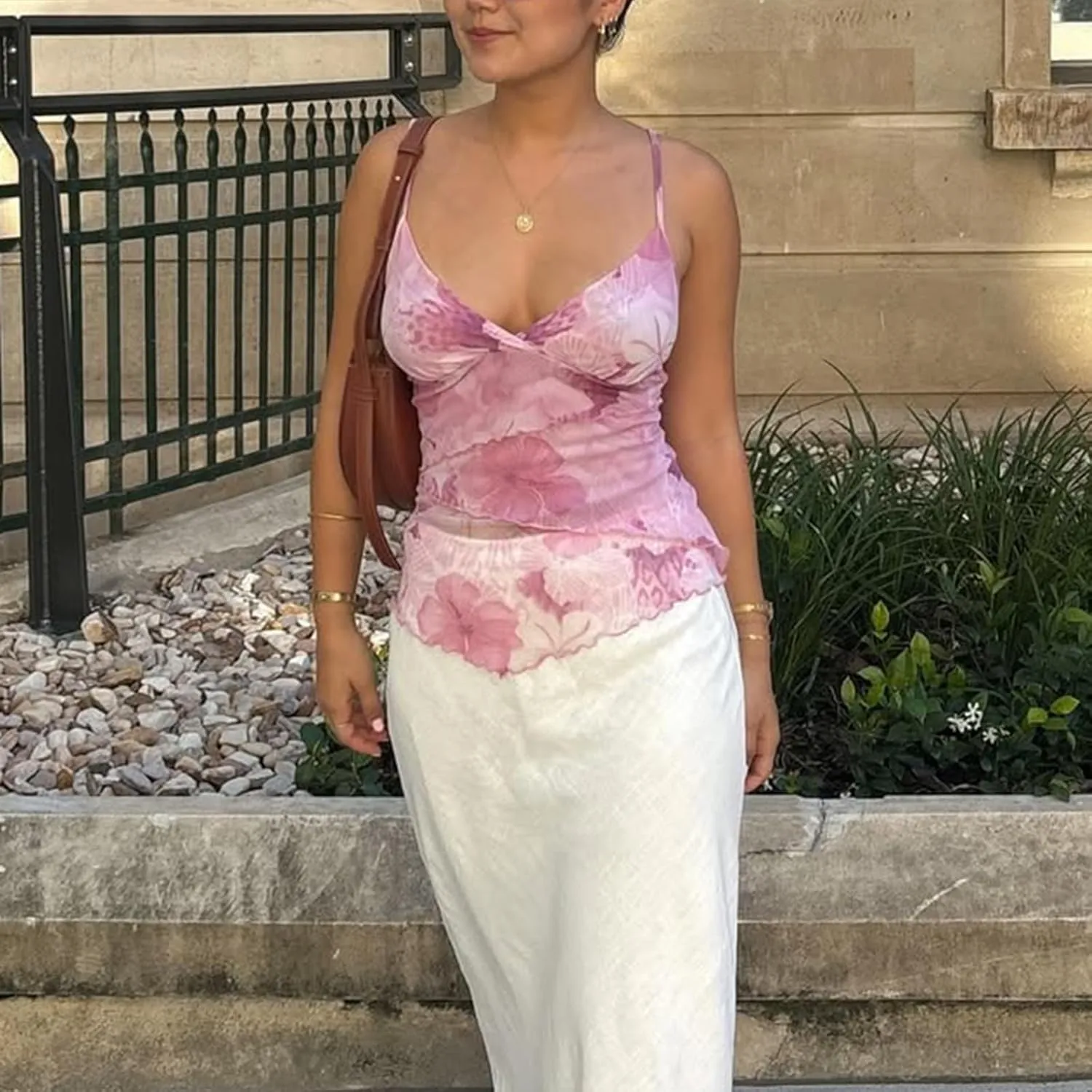 Women Floral Print Camisole Spaghetti Strap Ruffle Layered Crop Tank Top Irregular Hem Slim Fit Cami Tops