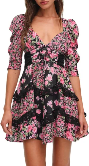 Women Floral Puff Sleeve Mini Dress Boho Ruffle A Line Babydoll Dress Cute Graphic Backless Summer Sundress
