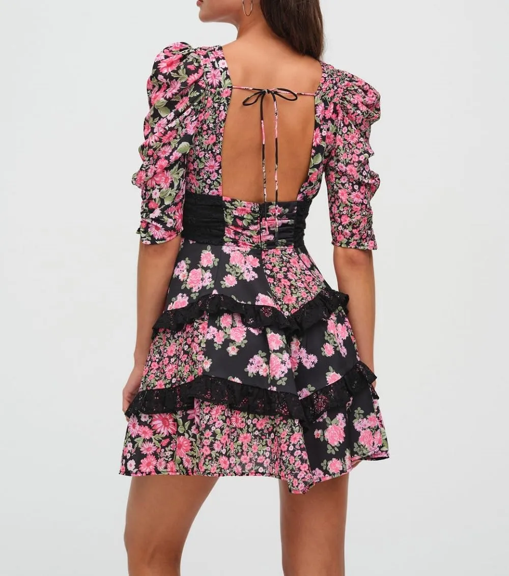Women Floral Puff Sleeve Mini Dress Boho Ruffle A Line Babydoll Dress Cute Graphic Backless Summer Sundress